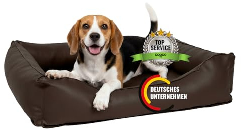 CopcoPet Hundebett mittelgroße Hunde L – Waschbares Hundekissen 【Kunstleder】 Hundekorb aus Kunstleder - Formstabiles Hundesofa - Hundekörbchen mit Rand für Hunde, Dog Bed Braun 90x70 cm