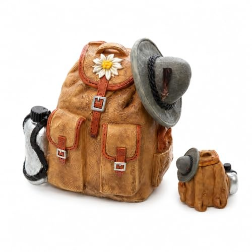 Spardose Rucksack braun – Wanderkasse - Geldsparbox aus Polyresin mit Gummistopfen – Deko Sparbüchse im Reise-Design – ca. 10 x 8 x 10 cm