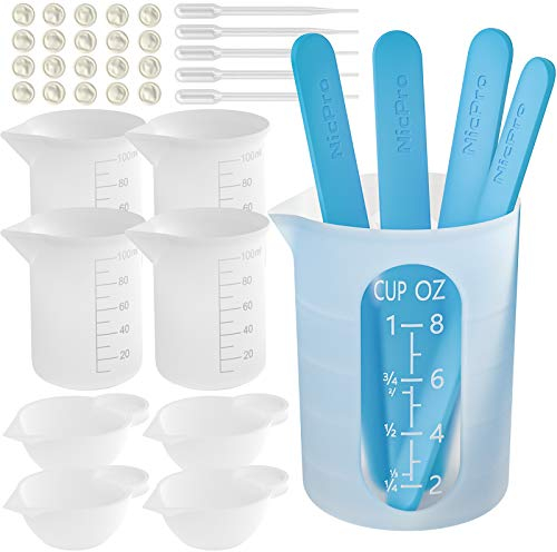 Nicpro Silikon Messbecher Set, 250 ml und 100 ml Mischbecher, Rührstäbe, Meßbecher, Pipetten, Fingerlinge, Epoxidharz Zubehör, für Epoxidharz, Gießformen, Wachsen, leicht zu reinigen