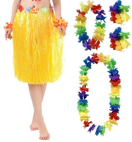 Quickdraw Hawaii Lei Hula Bastrock mit Blume Girlande Kostüm 5 Teile Aloha Sommer Party Satz - Gelb, one Size