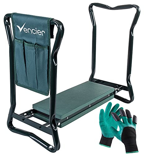Vencier Folding Portable Garden Kneeler For Gardening Multi Use Can Be Adjusted To Use As Bench Stool Chair Or Kneeler Foam Rubber Padding Padded Pad Seat - Comes with a Tool Bag Holder Pouch & Gloves