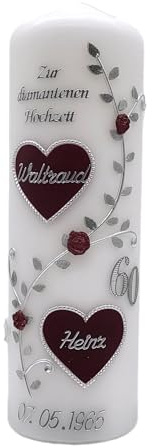 Hochzeitskerze DH-17 Diamantene Hochzeit inkl. Namen und Datum in vers. Farben