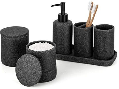 ZCCZ Black Bathroom Accessory Set 6 Pieces - Organiser With Toothbrush Holder, Lotion Soap Dispenser, Vanity Tray and 2 Qtip Holders - Modern Decor Accessories