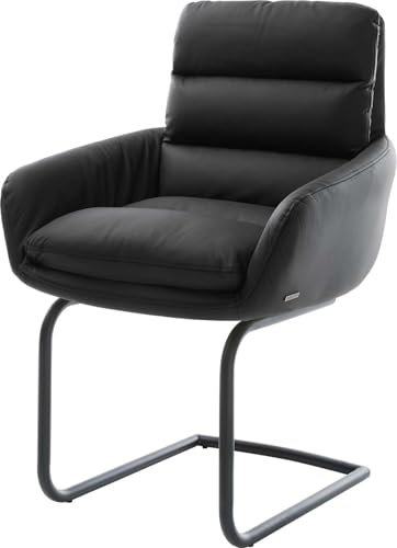DELIFE Schwingstuhl Abelia-Flex mit Armlehnen Freischwinger rund Schwarz Echt-Leder Schwarz