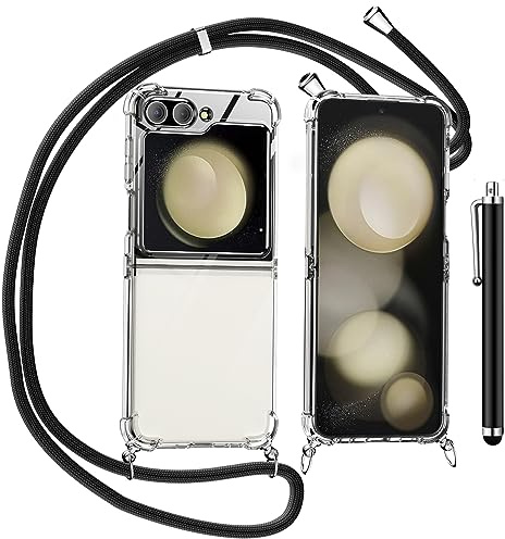 Handykette für Samsung Galaxy Z Flip 5 Hülle,[Mit Anti-Fall-Metallscharnier] Necklace Handyhülle mit Abnehmbar Kordel zum Umhängen Transparent Silikon Schutzhülle mit Band in Schwarz