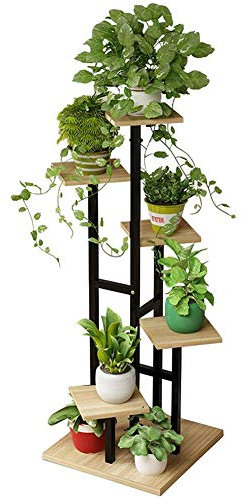 Portafiori in legno a 6 livelli Porta fioriera Scala in metallo Espositore per piante in interni Soggiorno all'aperto Giardino Ufficio decorativo, Cornice nera