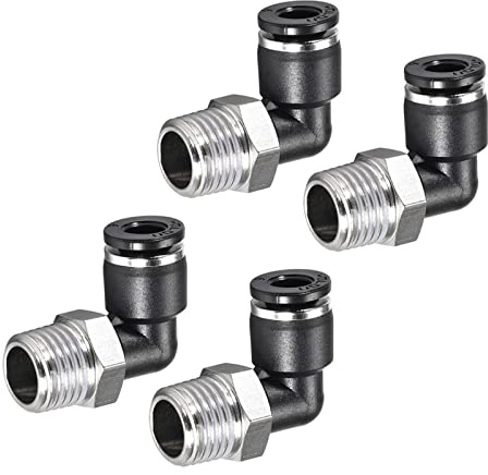 M METERXITY Paquete 4 90 Grados Codo Empujar para Conectar Manguera Accesorios, para Transportar Aire Agua, Aplicar Industrial (6mm Tubo OD x 1/4 NPT Rosca, Negro Tono plateado)