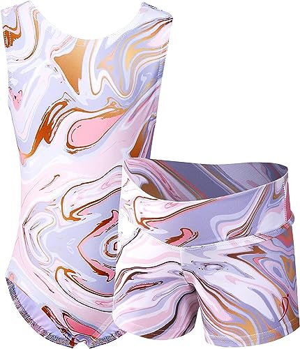 Dancina Turnanzug für Mädchen 2-teiliges Set Gymnastikanzug mit Hose für Kinder 128/134 Rosa/Gold