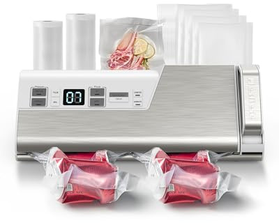 Mesliese Macchina per sottovuoto, 95kPa, 140W, con una sola mano, doppia striscia di tenuta con taglierina integrata e display conto alla rovescia, 2 rotoli di sacchetti (White)