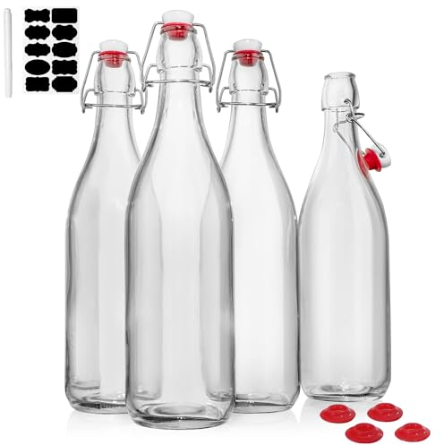 MEETOZ Clear Glass Bottles with Air Tight Lids, Easy Cap Bottles for Beer and Home Brewing,Set of 4 32 OZ Carafe Swing Top Glass Bottles for Beverages, Oils, Kombucha, Kefir, Vinegar, Leak Proof Caps