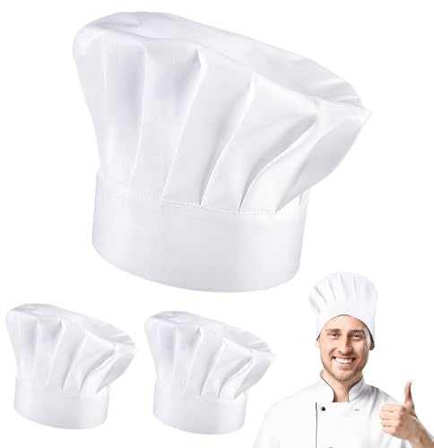 Apricitie 3 Stück Kochmütze Weiß Unisex Chef Kochmützen, Erwachsene | Chefkoch Mütze Verstellbar, Professionel Küchenuniform für Herren Frauen Restaurant Kochen BBQ Backen