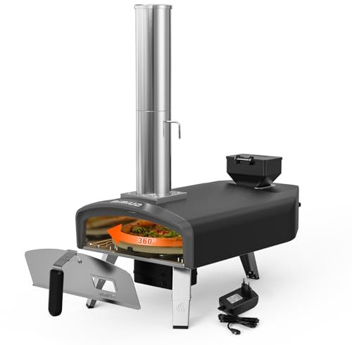 Mimiuo Four a Pizza Pellet avec Système de Rotation Automatique, Fours à Pizza Extérieurs avec 33cm Pierre à Pizza, Portable Four à Pizza Bois pour Jardin Camping, Noir