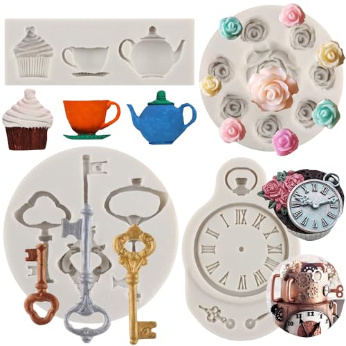 MYPRACS Tea Party Kuchenform Teekanne Fondant Form Vintage Schlüsseluhr Silikonform Teetassenform Rose Blume Form für Kuchen Dekorieren Cupcake Topper Candy Gum Paste Polymer Clay 4 Stück, MY339CK
