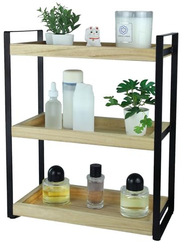 alma home Standregal Badezimmer Organizer - Badregal ohne Bohren 3-Ebenen aus Holz und Metall schwarz als Regal für Bad Aufbewahrung, Kosmetik oder Holzregal für Schminktisch