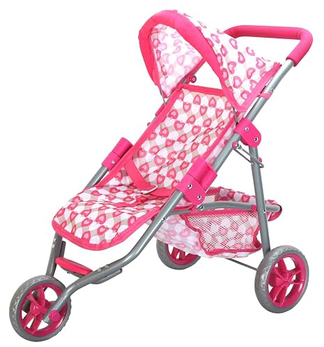 BiBi Doll 3 Wheeler Dolls Pushchair - Jogger Stroller with Adjustable Canopy, Storage Basket, Foam Handle, Foldable Frame - Dolls Pram for Daily Walks, Role Play Toys for Girls & Boys, Ages 3+