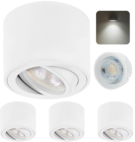 Sweet Led 4x Deckenspots Weiß Matt Flach & Schwenkbar Ø80x50mm – LED Aufbauspots 5W 230V Neutralweiß 4000K Aufbaustrahler aus Aluminium