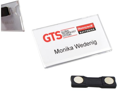 Schmalz® 50 Stück Namensschild mit Magnet aus Acrylglas-Namensschild glasklar 2 mm stark mit Daumenaussparung namensschilder für Kleidung selbstbeschriftbar Selbstgestaltung (50, 75x40 mm)