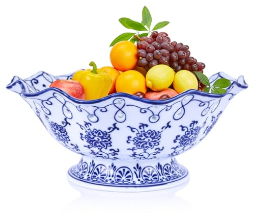 LINYTHER Frutero de cerámica con agujeros, plato de porcelana azul y blanca, plato de frutas, recipiente de frutas de caramelo, decoración de cuencos decorativos chinoiserie para centros de mesa de