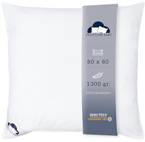 Dedstore-Baby Federkissen 80x80 cm - 1300g Kopfkissen mit natürlichen Gänsefedern - Öko-Tex zertifizierter Baumwollbezug - Schlafkissen Hochwertige Nachfüllung - Allergikerfreundlich
