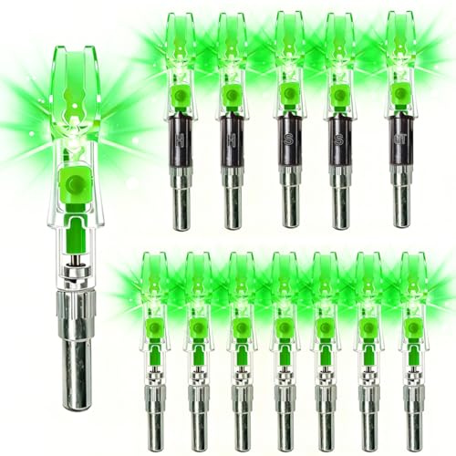 NoxDyn 12pcs X Lighted Nocks for Arrows with .205'' .232'' .244'' .248'' Inside Diameter with H, S, GT Bushings, High-Visibility Light Up Nocks with ON/Off Switch for Archery Green