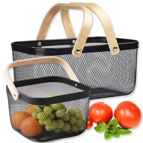 Nexboraque Picknickkörbe, Metallgeflecht, Erntekorb mit faltbarem Holzgriff, rechteckiger Garten-Aufbewahrungskorb für Gemüse, Obst, Garten, Küchenschrank, Pflücken, Versammlung, 2 Stück
