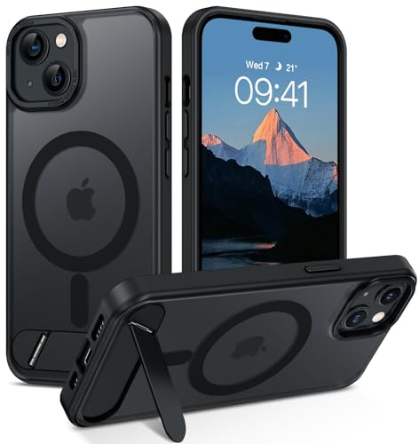 GUAGUA Cover Magnetico per iPhone 15 con Cavalletto Custodia Sottile Anticaduta Antiurta, Protettivo Case per iPhone 15 con Supporto Staffa, Glassato Traslucido, Nero