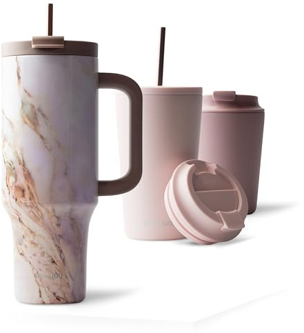 MAMEIDO Insulated Coffee Cup, Tumbler with Straw and Lid 1200 ml, Leakproof Travel Mug BPA-Free, Coffee Mug for Hot & Cold Drinks (Pearl Marble)