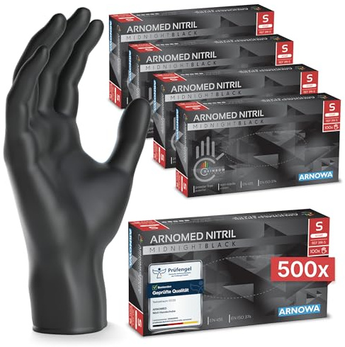 500x ARNOMED® Einweghandschuhe Schwarz, Nitril Handschuhe S | Einmalhandschuhe, Nitrilhandschuhe puderfrei, Gummihandschuhe, Schutzhandschuhe, Handschuhe Nitril in XS, S, M, L, XL, XXL