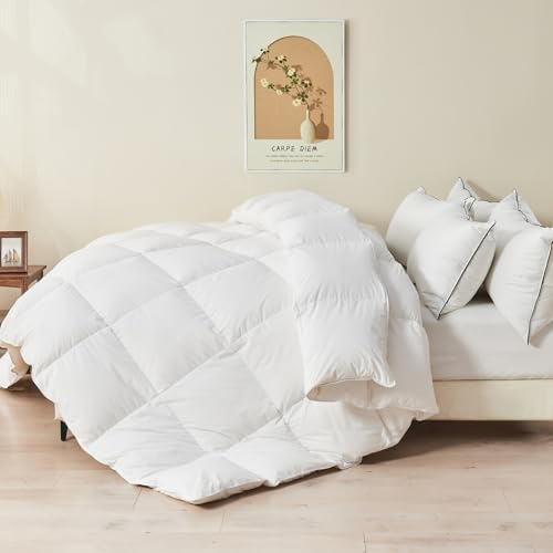 TOPGREEN Feather Down Comforter Queen Size, Luxury Extra-Fluffy Duvet Insert, All Season Bed Comforter with Ultra-Soft Organic Cotton Case (90x90 Inch, Ivory White)