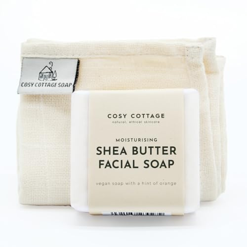 Cosy Cottage Shea Butter Facial Soap with Muslin Cloth (55g) | Handmade, Vegan & Moisturising | Gentle Facial Cleanser | Eco-Friendly & Palm Oil-Free | Ideal Christmas Gifting