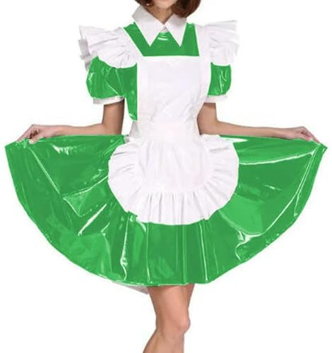 QIANGYTHENKO Handgefertigte Übergröße, exotisches Dienstmädchen-Cosplay, PVC-Uniform, kurze Puffärmel, französisches Kostüm, Lolita-Schürze
