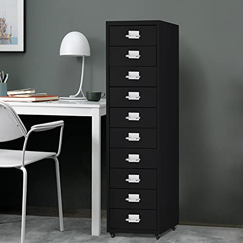 Warmiehomy 10 Drawer Filing Cabinet, Office Drawers on Wheel, Mobile Desk Drawers with Storage Metal Document Storage for Home Office,Black