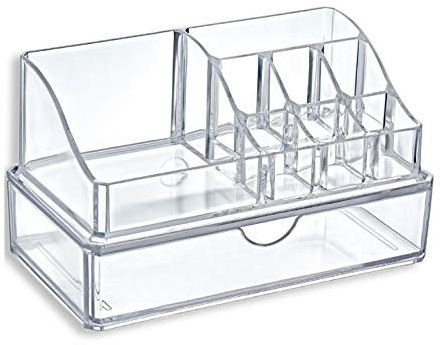FURANY Kosmetik Organizer Glam 2er Set Glam mit Schublade, Transparent, 18 x 10 x 10 cm, 8 Fächer, Make-up Aufbewahrung mit Schublade (Glam + Schublade)