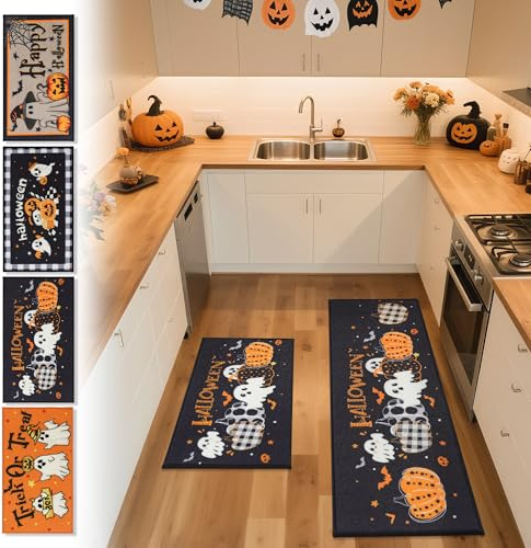 COSY HOMEER Küchenläufer rutschfest 2 Stück, Küchenteppich Waschbar rutschfest, Küchenmatten, Teppich Läufer (43x76CM + 43x122CM, Kürbisgeist)