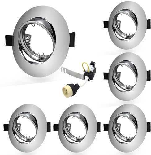 Allesgute 6X Modern GU10 Downlights for Ceilings Frame Cutout Ø68-85mm | Round Polished Chrome 360° Tilt Swivel Spotlights Fitting 240V with Lamp Holders, No Bulbs