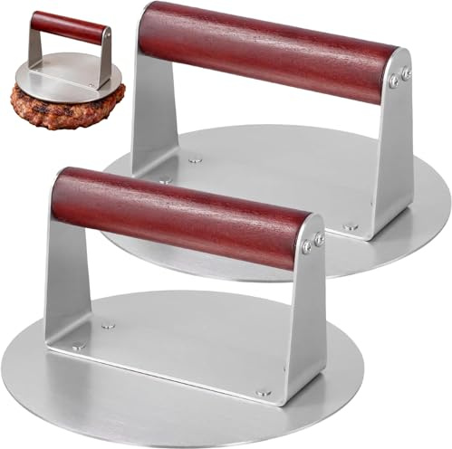 SINJEUN 2 Stück Edelstahl Burger Smasher, 16 cm Durchmesser Braun & Silber, Burgerpresse mit Buchenholzgriff für Restaurant und Zuhause