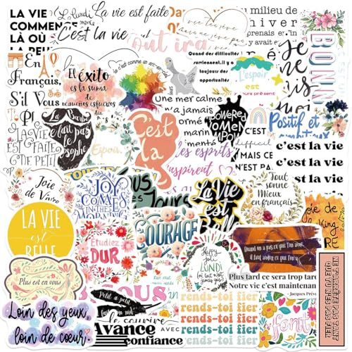 French Motivational Stickers |50Pcs Francais Inspirational Waterproof Vinyl | Removable Reusable Peel & Stick Decoration for Water Bottles Bicycle Laptop Luggage Mobile Phone Skateboard Guitar