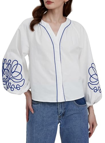 Kedera Womens Embroidered Blouses V Neck Eyelet Lace Tops Dressy Long Sleeve Shirts Blouses 2026 Fashion White