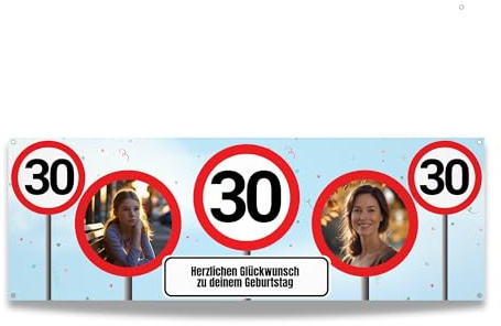 Verkehrsschild Banner zum 30. Geburtstag selbst gestalten (50cm x 150cm) Personalisierter Geburtstagsbanner für Mann und Frau mit Bildern und Texten I Deko Fahne