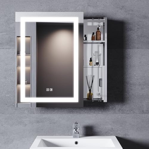 SONNI LED-spegelskåp för badrum, 70 x 50 cm, 3 färger dimbart + uttag + dimning, skjutdörr i rostfritt stål spegelskåp med touchströmbrytare, badrumsskåp med minnesfunktion