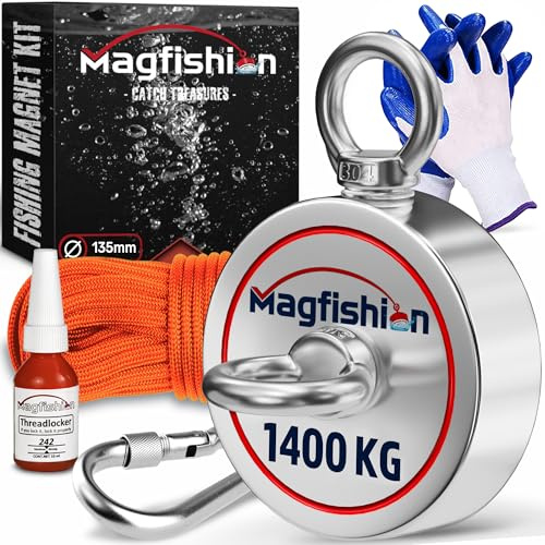 MAGFISHION Magnetfischen Set - 1400 KG (2x 700kg) - Ø135mm - Magnet Fischen | Neodym Magnet mit Seil (20M) & Handschuhe - Ösenmagnet Angel - Fishing Magnetangel - Magnetangeln Set