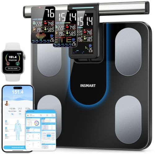 INSMART Körperfettwaage, 8 Elektroden Digital Personenwaage misst 56 Körperparameter Darunter BMI, Körperfett und Muskelmasse, VA-Farbdisplay und einziehbarem Griff, Maximale Tragfähigkeit 227 kg