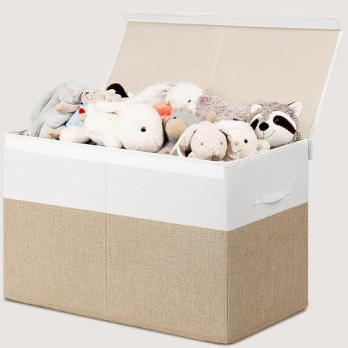 TIMEYARD 85L Toy Box Storage Organizer with Lid Collapsible Sturdy Toy Chest, Foldable Toy Bin for Living Room, Playroom, Bedroom, Toy Baskets Storage for Kids, Boys, Girls (Beige & White)