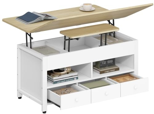 Hzuaneri Couchtisch Höhenverstellbar, Umwandelbar in Esstisch, Eichefarben | Wohnzimmertisch Kaffeetisch Fach mit 3 Schubladen und 2 Fächer, 50 × 100 × 45 cm, für Wohnzimmer, Homeoffice, CT22231W