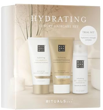 Rituals Hydrating Luxury Haircare Trial Set, Feuchtigkeitsspendendes Shampoo 70ml, Conditioner 70ml, Trockenshampoo 50ml, mit Hyaluronsäure und Arganöl, Beige, 3-teilig