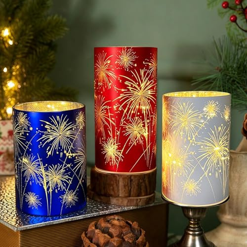 Set of 3 Celebration Hurricanes - Etched Firework Starburst Glass Pedestals with Warm White LED Lights, Twinkling Decorative Centerpiece for Mantel, Dining Table, Wedding & Holiday Décor(Mix)