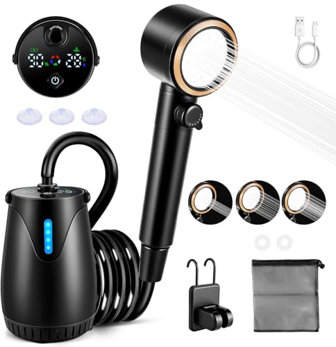 Fuutilake Campingdusche Tragbare mit 8000mAh Akku, Outdoor Dusche mit 3 Wasserabgabemodi, Mobile Dusche mit Temperaturanzeige & Schlauch, Sicher für 0-50°C, für Camping, Wandern, Haustiere