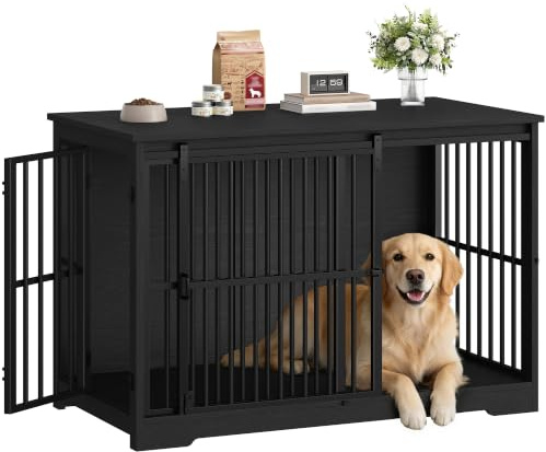 Hzuaneri Hundekäfig Möbel, 119 cm Hundebox Möbel, 2 Türen, Schwarz | XXL Moderne Hundekäfig Indoor für Mittlere/Große Hunde, Beistelltisch, Verstärkte Schiebetür, 119 × 70 × 88 cm, DFC94404B