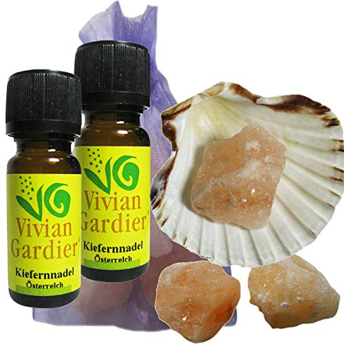 Kiefernnadel ätherisches Öl naturrein 2 x 10ml aus kontrolliertem Anbau. 7 teiliges Aromatherapie Duft Set mit Muschel + 3 Salz Kristalle zum Beduften + Säckchen. 50010