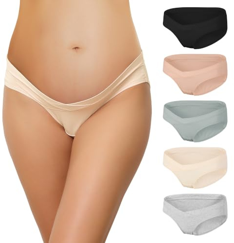 INNERSY Mutande Donna Gravidanza Cotone Slip Premaman Vita Bassa a Forma di V Intimo Pacco da 5 (L, 4 Colori Chiari, 1 Nero)